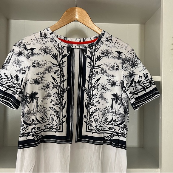 Tory Burch White & Navy Pima Cotton Short Sleeve Scoop Neck Plant Print Top - Picture 3 of 7